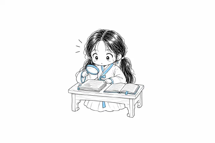 책상 중앙에서 수식 원고 뭉치를 돋보기로 살피고 학계 연구 노트와 대조하는 치비 서소영