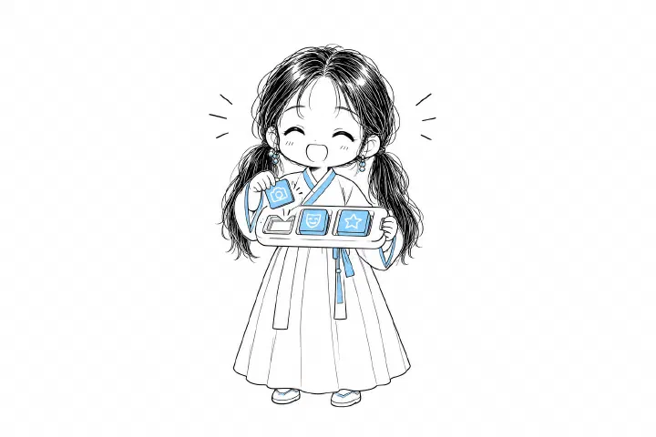 무거운 두루마리 뭉치 대신 가벼운 절차 보드의 빈 슬롯 세 곳에 카메라와 표정, 별 아이콘이 그려진 하늘색 카트리지 블록을 끼워 맞추는 치비 서소영