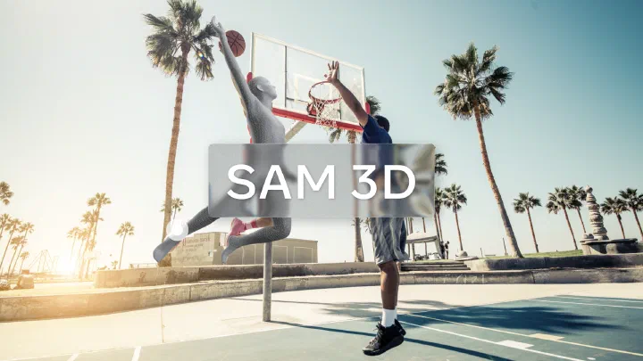 야외 농구 코트에서 점프 슛을 시도하는 선수의 신체를 3D 와이어프레임 메시로 복원한 Meta AI SAM 3D 대표 이미지