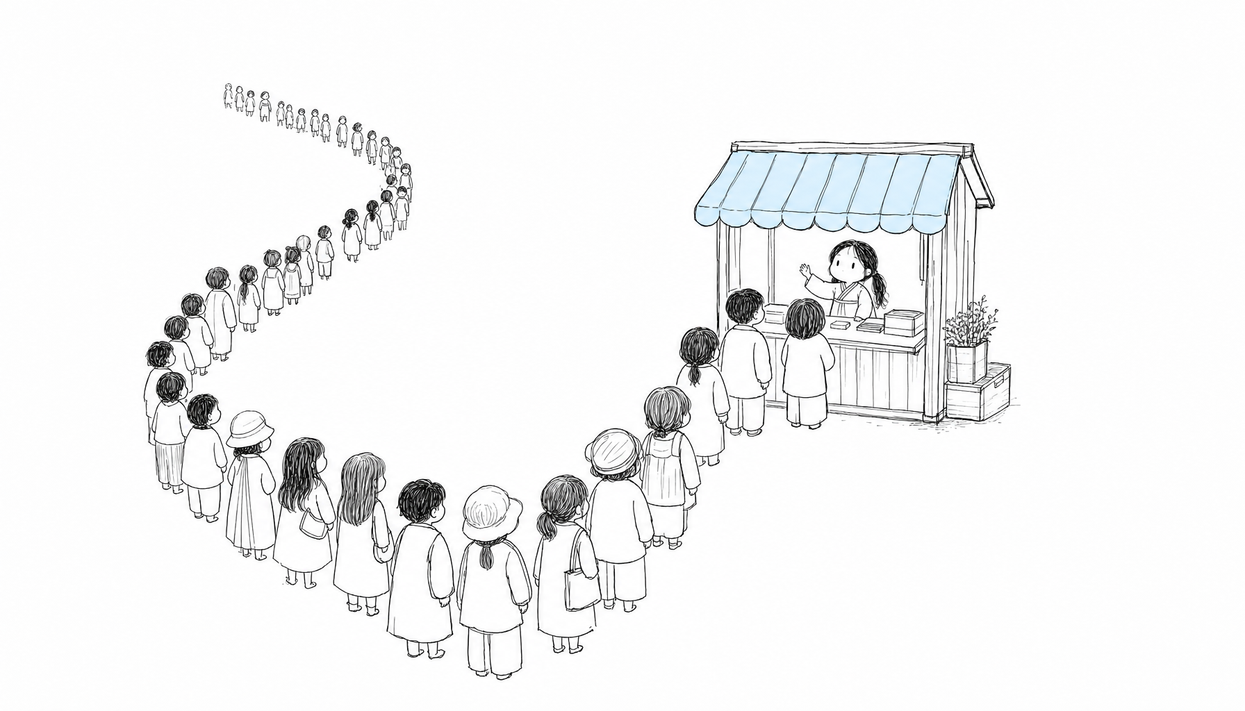 허허벌판의 작은 가게 앞에 늘어선 줄이 거리를 만드는 모습