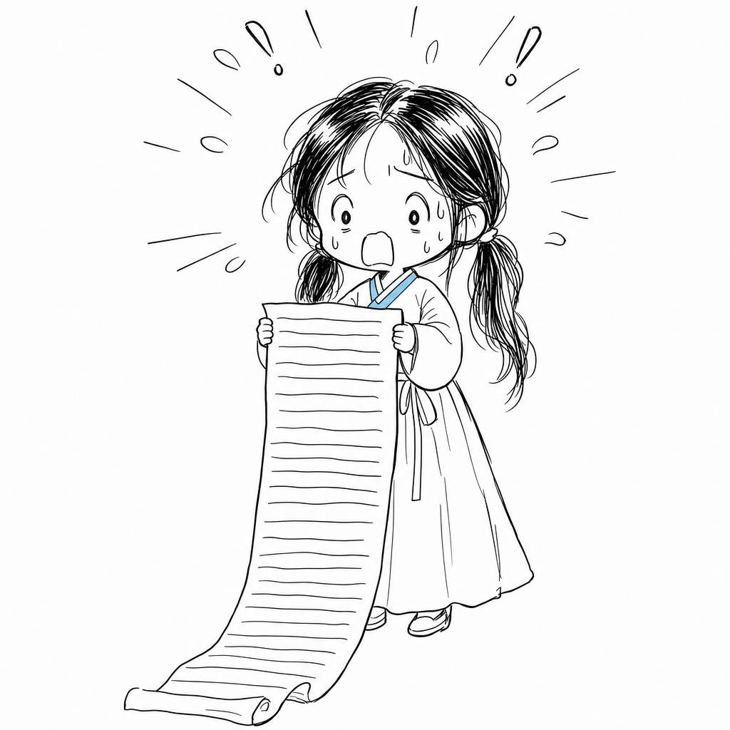 자기 키보다 긴 청구서를 받아 들고 놀라는 서소영