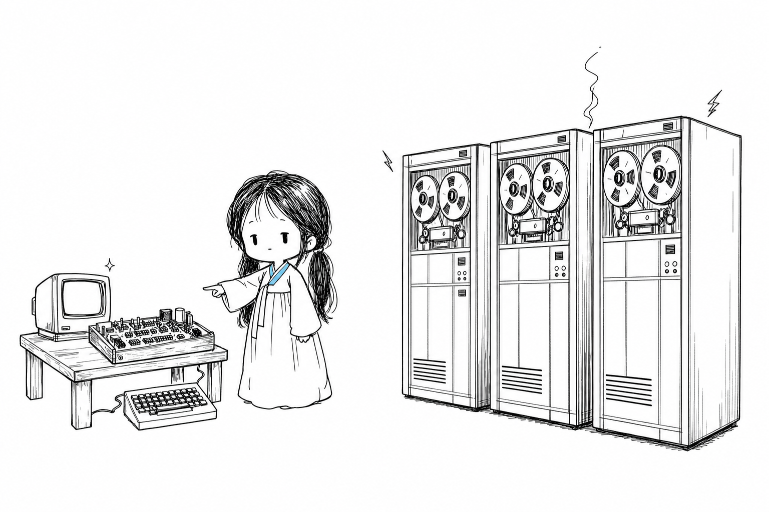 초창기 애플 1을 가리키는 서소영과, 살짝 과부하된 거대 메인프레임